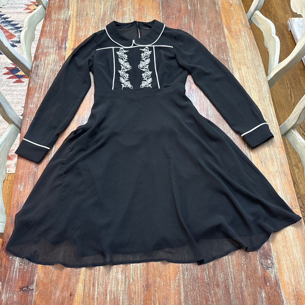 ModCloth Black Floral Embroidery Long Sleeve Dress Small